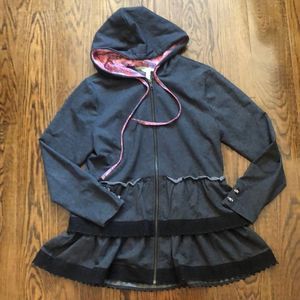 MATILDA JANE Grey Full Zip Floral Lined Hoodie with Tiered Sweatshirt Sz MD